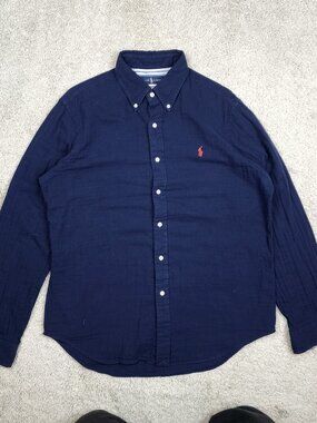 Polo Ralph Lauren Men's Large L Navy Blue Button-Down Shirt Red Pony Preppy USA